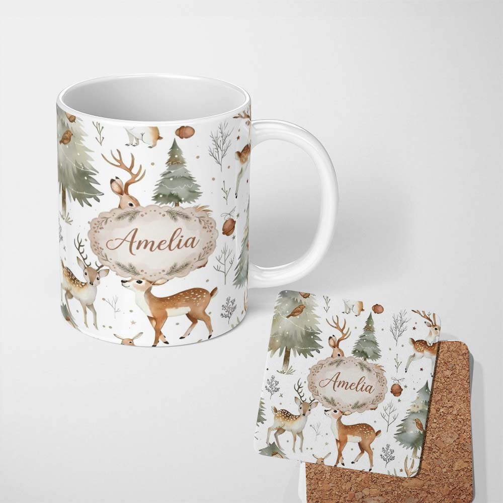 Personalized Custom Name Woodland Deer Forest Trees Cute Winter Seamless Pattern Lovely 11oz Ceramic Coffee Tea Mug White Large Handle