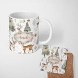 Personalized Custom Name Woodland Deer Forest Trees Cute Winter Seamless Pattern Lovely 11oz Ceramic Coffee Tea Mug White Large Handle
