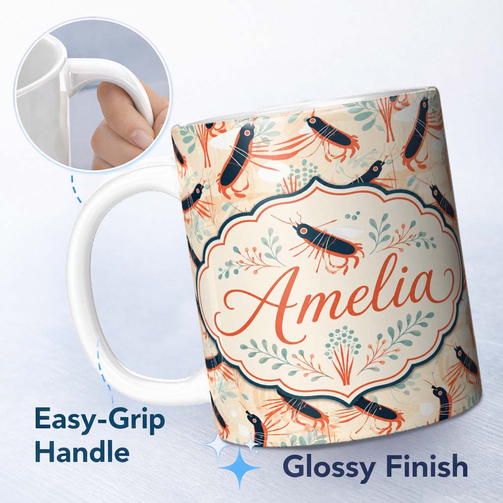Personalized Custom Name Stylised Lobster Pattern with Aquatic Elements Seamless Pattern 11oz Ceramic Coffee Tea Mug White Large Handle