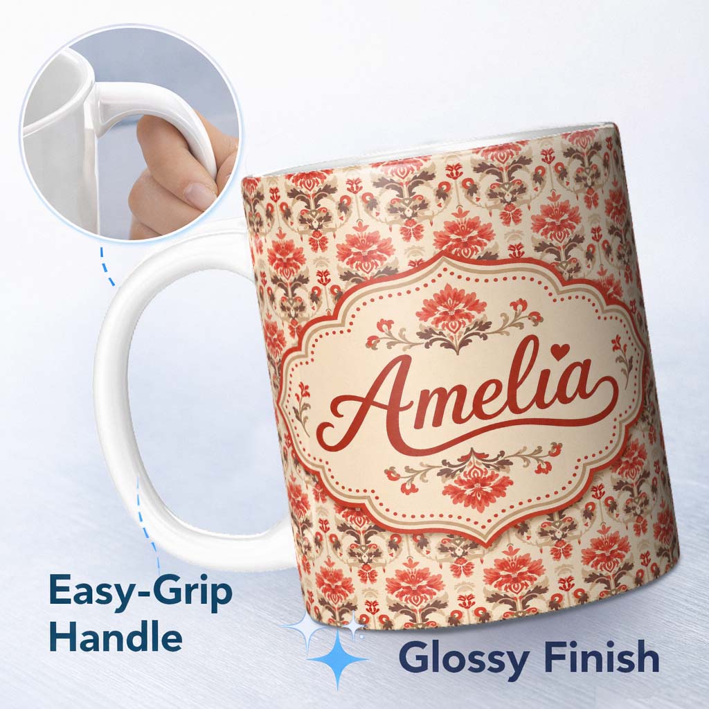 Personalized Custom Name Vintage Floral Damask Pattern in Red and Taupe on Beige Background 11oz Ceramic Coffee Tea Mug White Large Handle
