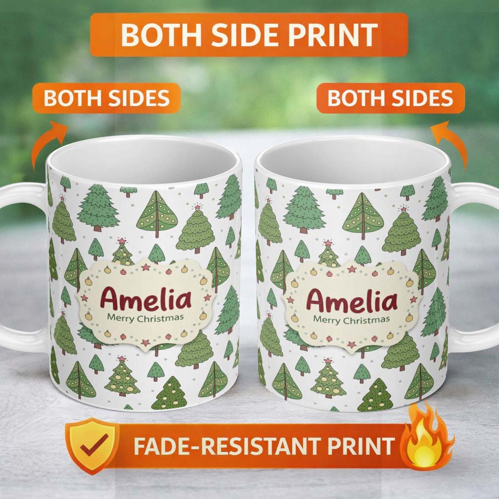 Personalized Custom Name Scandinavian Style Christmas Trees with Ornaments Cute Seamless 11oz Ceramic Coffee Tea Mug White Large Handle