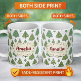 Personalized Custom Name Scandinavian Style Christmas Trees with Ornaments Cute Seamless 11oz Ceramic Coffee Tea Mug White Large Handle