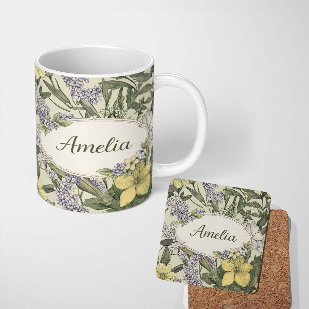 Personalized Custom Name Vintage Botanical Floral Illustration Seamless Pattern Lovely 11oz Ceramic Coffee Tea Mug White Large Handle