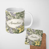 Personalized Custom Name Vintage Botanical Floral Illustration Seamless Pattern Lovely 11oz Ceramic Coffee Tea Mug White Large Handle