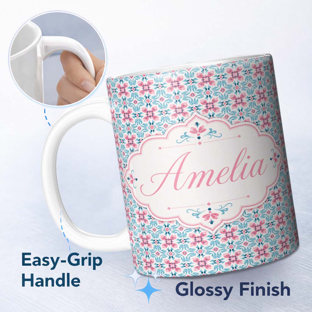 Personalized Custom Name Vintage Floral Tile in Soft Pink and Blue Symmetrical Design Lovely 11oz Ceramic Coffee Tea Mug White Large Handle