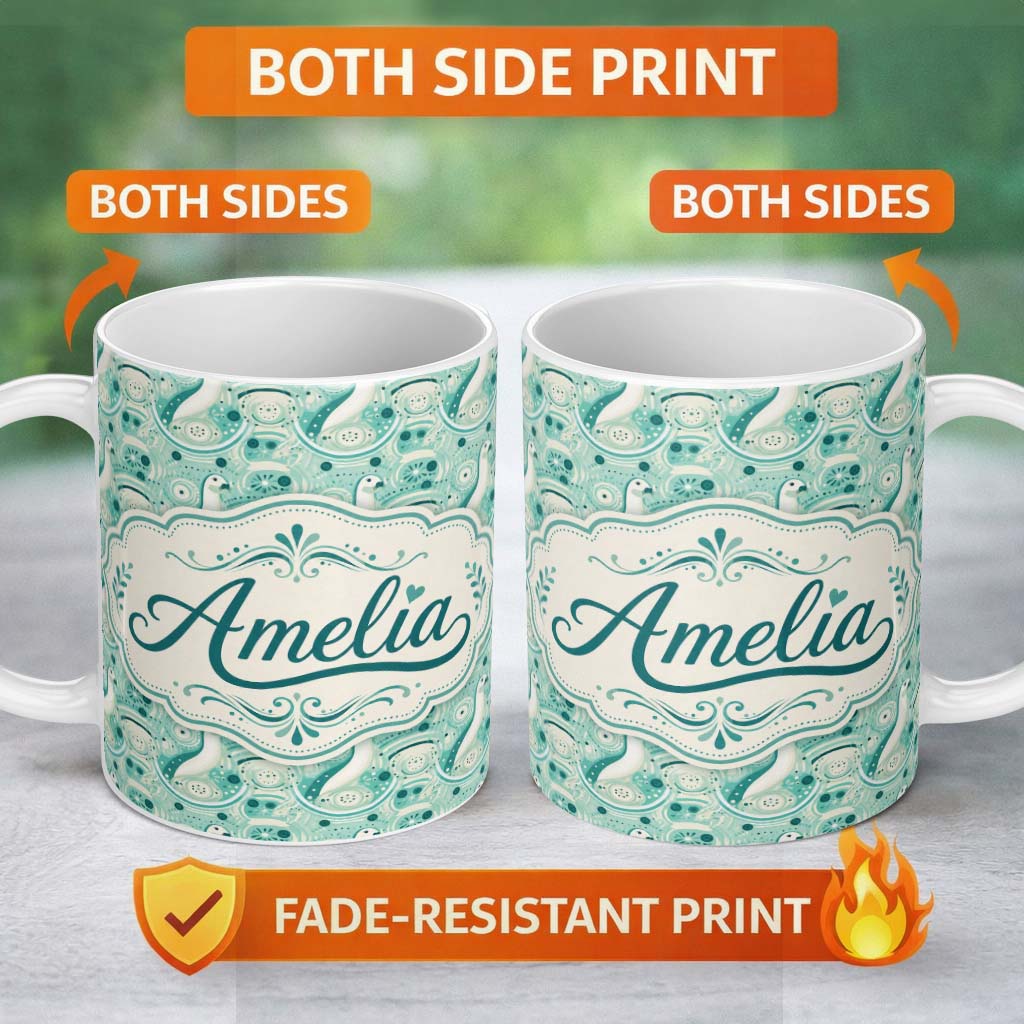 Personalized Custom Name Decorative Stylised Seals with Swirl Ocean Motifs Teal Seamless 11oz Ceramic Coffee Tea Mug White Large Handle
