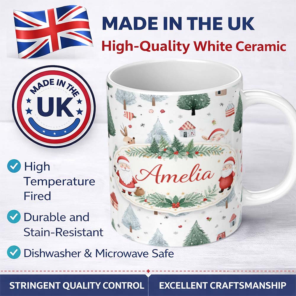 Personalized Custom Name Cute Christmas Santa Reindeer Tree Pattern Kids Festive Seamless 11oz Ceramic Coffee Tea Mug White Large Handle