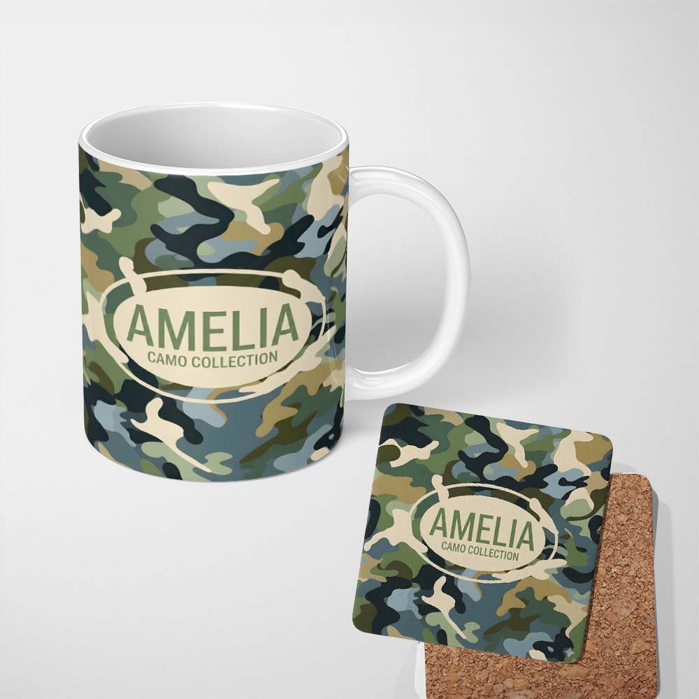 Personalized Custom Name Multi Tone Woodland Camouflage Seamless Pattern Perfect Gift for Her 11oz Ceramic Coffee Tea Mug White Large Handle