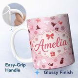 Personalized Custom Name Festive Red White Christmas Mixed Seamless Pattern Cute Unique Gift 11oz Ceramic Coffee Tea Mug White Large Handle