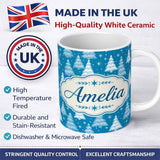 Personalized Custom Name Snowy Blue Winter Christmas Trees Snowflakes Seamless Pattern Lovely 11oz Ceramic Coffee Tea Mug White Large Handle