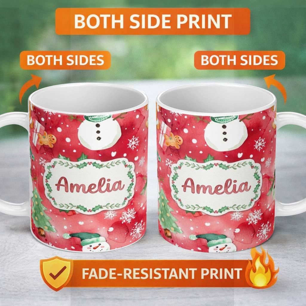 Personalized Custom Name Watercolor Gingerbread Cookie Gift Holly Snowflake Christmas Lovely 11oz Ceramic Coffee Tea Mug White Large Handle
