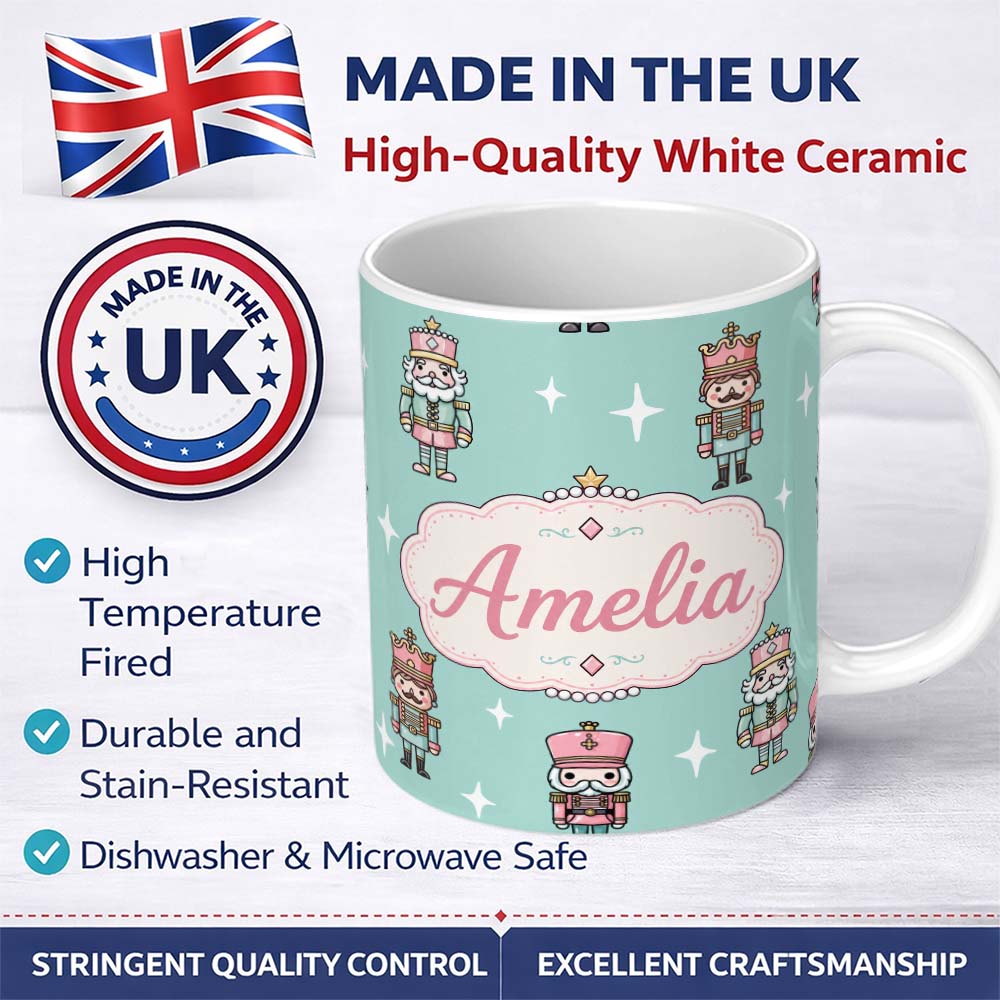 Personalized Custom Name Cute Nutcracker Soldiers Christmas Toy Characters Pattern Teal 11oz Ceramic Coffee Tea Mug White Large Handle
