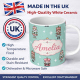 Personalized Custom Name Cute Nutcracker Soldiers Christmas Toy Characters Pattern Teal 11oz Ceramic Coffee Tea Mug White Large Handle