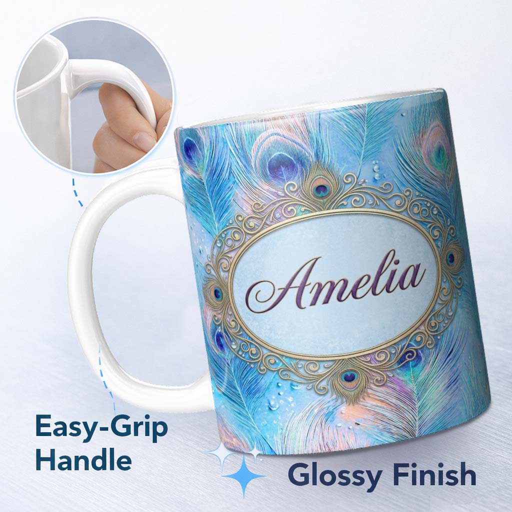 Personalized Custom Name Peacock Feather Iridescent Blue Watercolor Seamless Pattern Lovely 11oz Ceramic Coffee Tea Mug White Large Handle