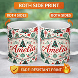 Personalized Custom Name Christmas Trees, Ornaments Folk Art Seamless Pattern Red Green 11oz Ceramic Coffee Tea Mug White Large Handle