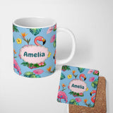 Personalized Custom Name Tropical Flamingo Bird with Exotic Flowers Leaves Pattern Blue 11oz Ceramic Coffee Tea Mug White Large Handle