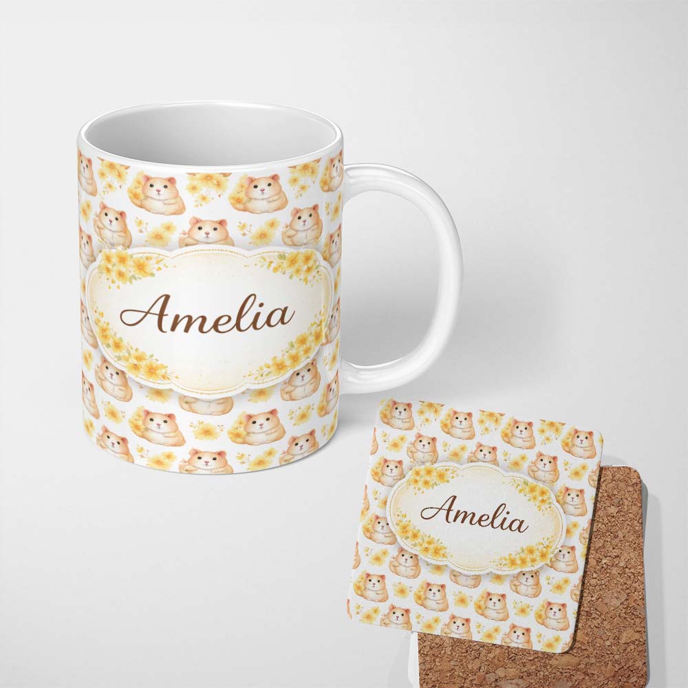 Personalized Custom Name Adorable Hamster Floral Yellow Accent Seamless Pattern Lovely 11oz Ceramic Coffee Tea Mug White Large Handle
