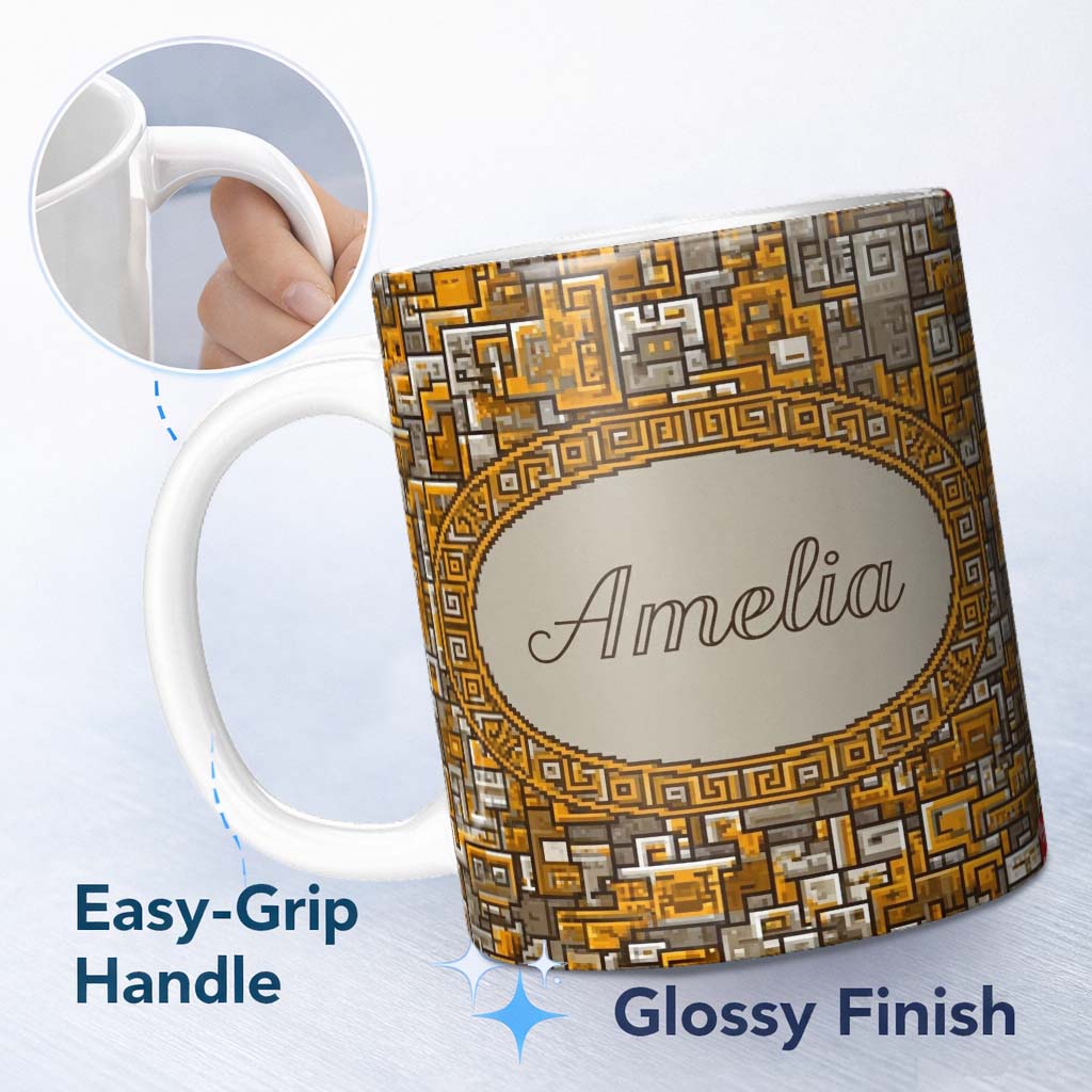 Personalized Custom Name Orange Grey Geometric Maze Abstract Seamless Pattern Lovely 11oz Ceramic Coffee Tea Mug White Large Handle