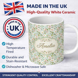 Personalized Custom Name Delicate Cherry Blossom Pastel Floral Seamless Pattern Lovely 11oz Ceramic Coffee Tea Mug White Large Handle