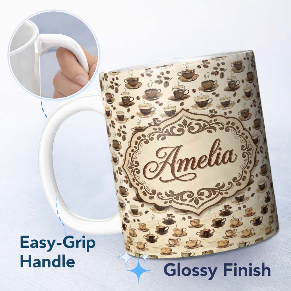 Personalized Custom Name Coffee Cups and Beans Neutral Cafe Theme Seamless Pattern Lovely 11oz Ceramic Coffee Tea Mug White Large Handle