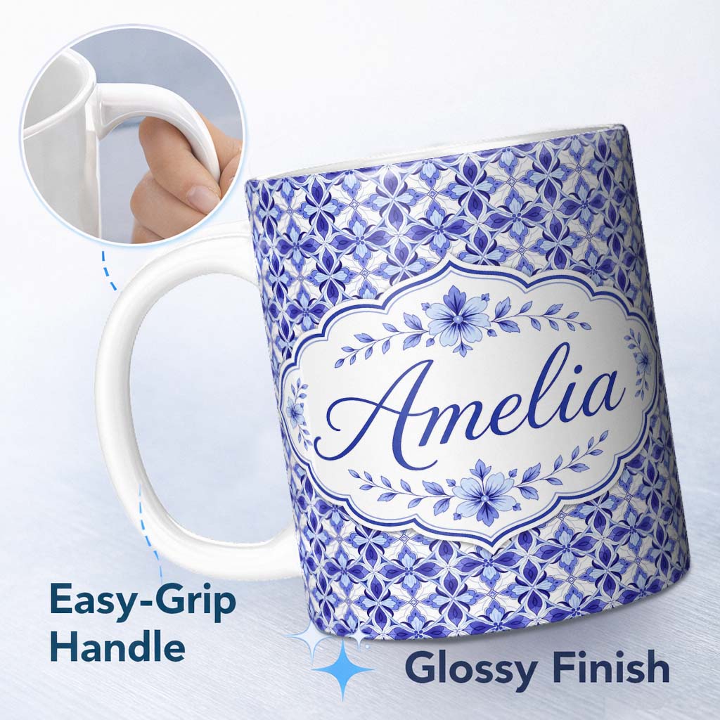 Personalized Custom Name Blue Geometric Floral Tile Seamless Pattern Ornamental Repeat Design 11oz Ceramic Coffee Tea Mug White Large Handle