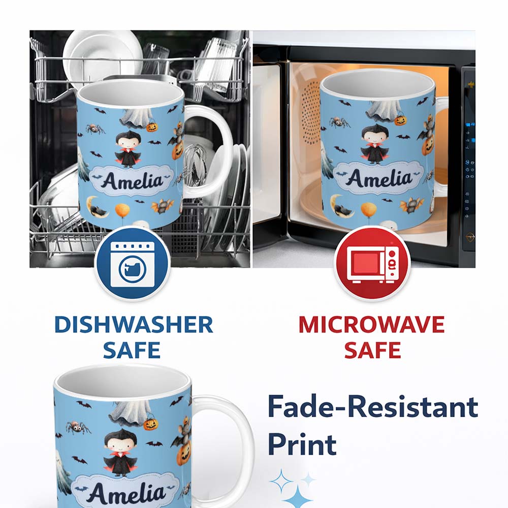 Personalized Custom Name Cute Halloween Dracula Ghost Bats on Blue Background Seamless Lovely 11oz Ceramic Coffee Tea Mug White Large Handle