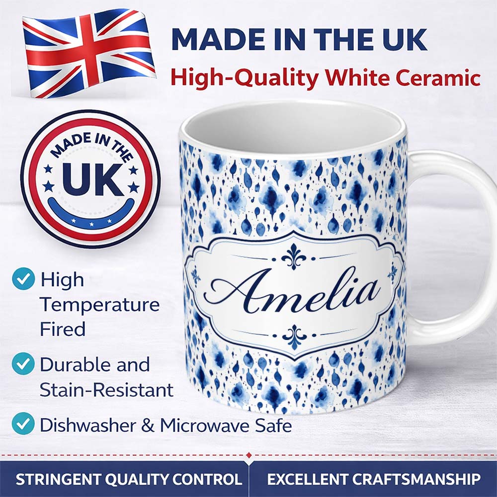 Personalized Custom Name Blue Watercolour Droplet Abstract Seamless Pattern Cute Unique Gift 11oz Ceramic Coffee Tea Mug White Large Handle