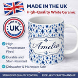 Personalized Custom Name Blue Watercolour Droplet Abstract Seamless Pattern Cute Unique Gift 11oz Ceramic Coffee Tea Mug White Large Handle