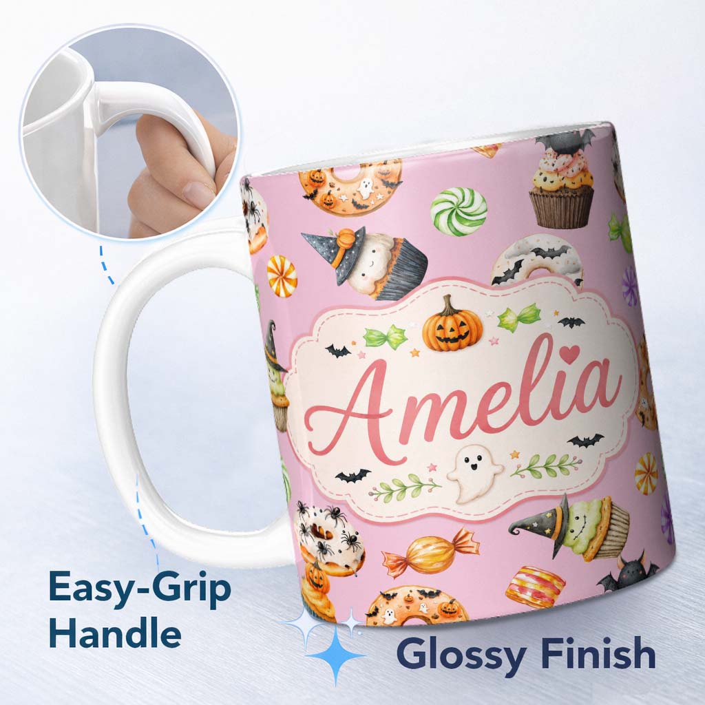 Personalized Custom Name Cute Halloween Donuts Cupcakes Bats Candy and Pumpkins Pink Lovely 11oz Ceramic Coffee Tea Mug White Large Handle