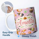 Personalized Custom Name Cute Halloween Donuts Cupcakes Bats Candy and Pumpkins Pink Lovely 11oz Ceramic Coffee Tea Mug White Large Handle