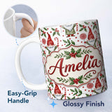 Personalized Custom Name Watercolor Christmas Gnome Candy Cane Lollipop Seamless Pattern 11oz Ceramic Coffee Tea Mug White Large Handle
