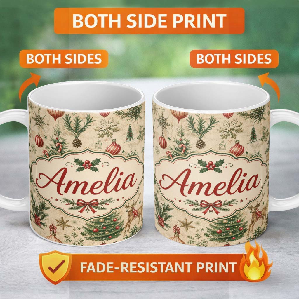 Personalized Custom Name Vintage Christmas Reindeer Tree Ornament Woodland Seamless Pattern 11oz Ceramic Coffee Tea Mug White Large Handle