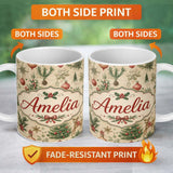 Personalized Custom Name Vintage Christmas Reindeer Tree Ornament Woodland Seamless Pattern 11oz Ceramic Coffee Tea Mug White Large Handle