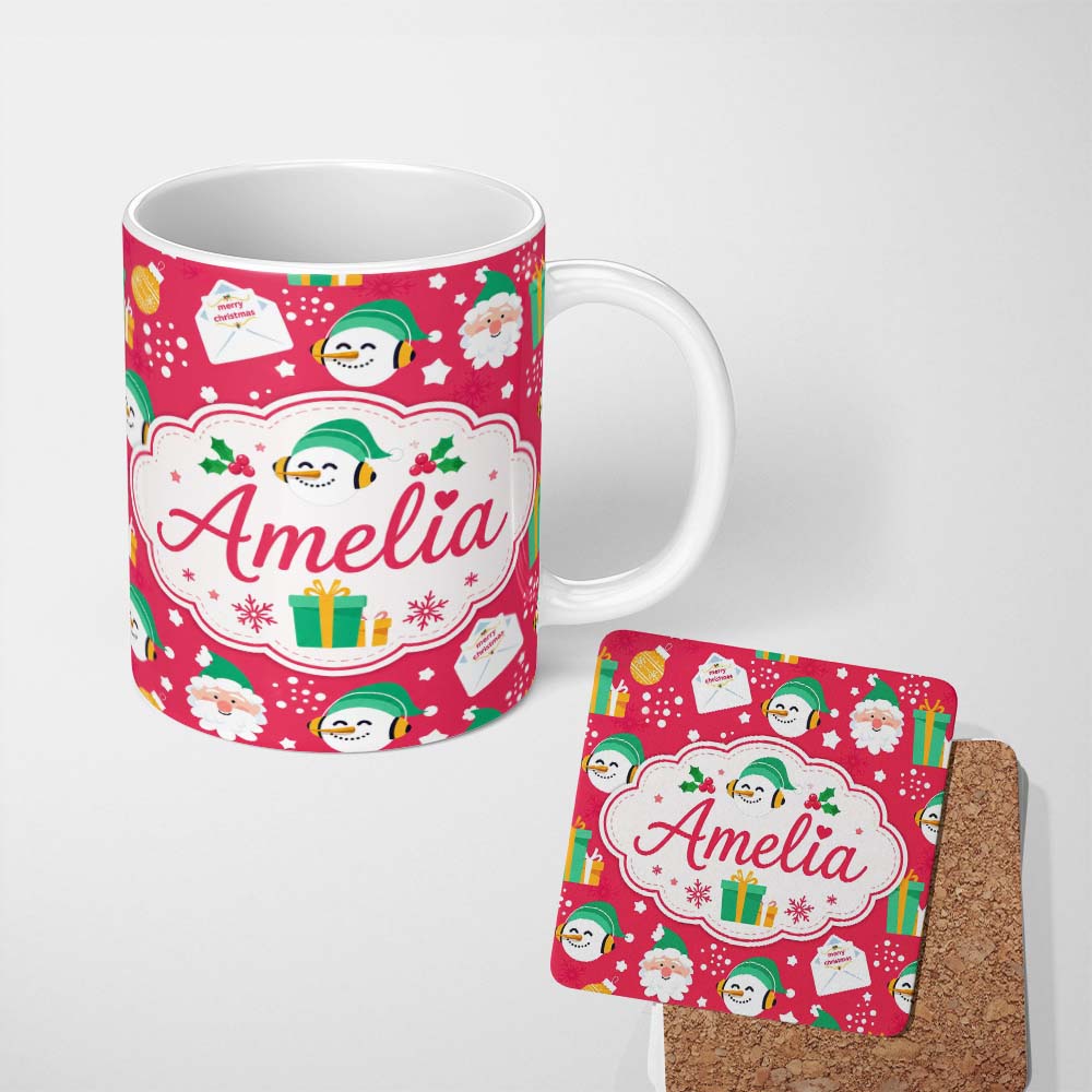 Personalized Custom Name Cute Santa Snowman Letter Gift Seamless Pattern Thoughtful Gift Idea 11oz Ceramic Coffee Tea Mug White Large Handle