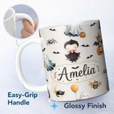 Personalized Custom Name Cute Halloween Vampire Ghost Bats Spooky Cream Background Seamless 11oz Ceramic Coffee Tea Mug White Large Handle