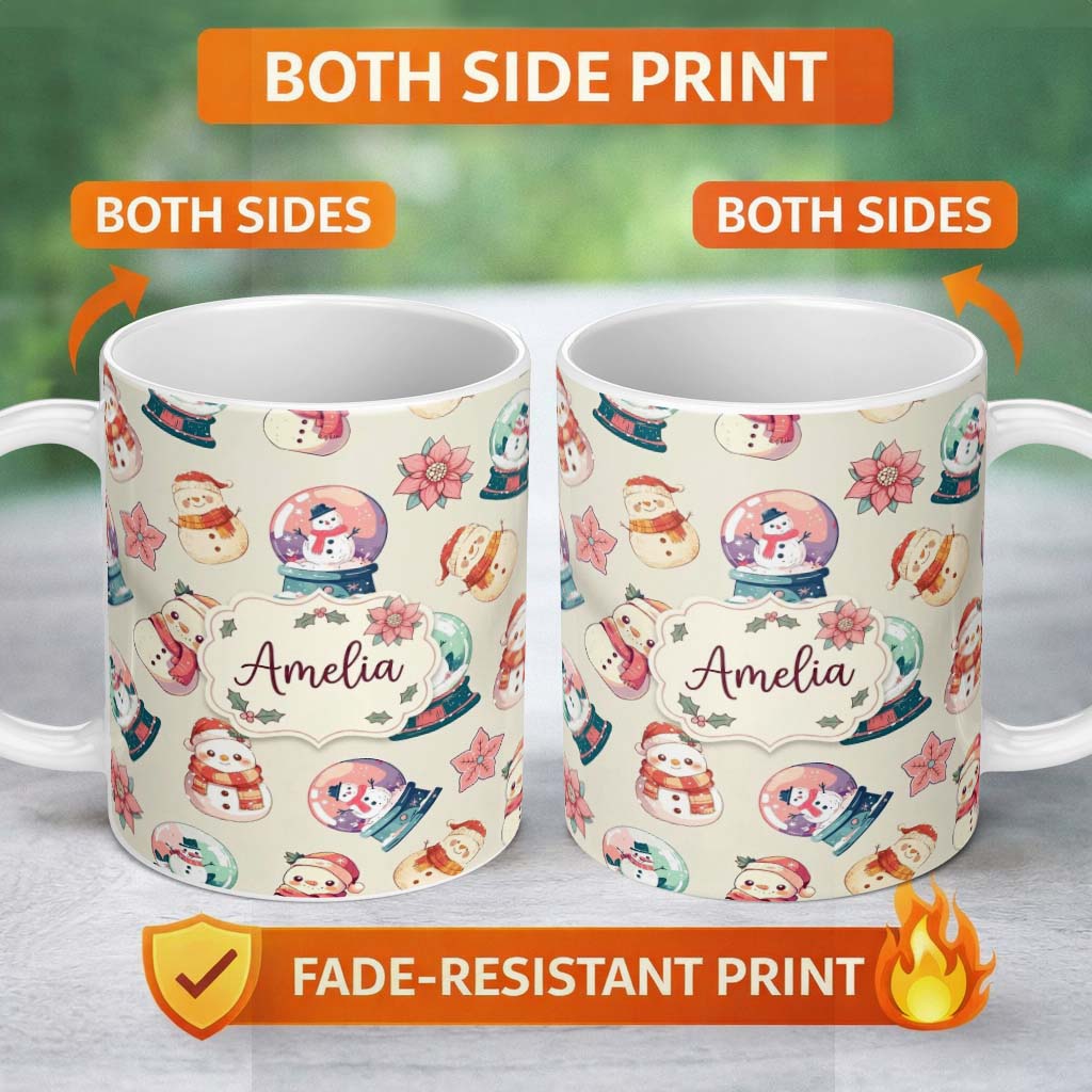 Personalized Custom Name Cute Snowman Snow Globe Poinsettia Flower Christmas Pattern Cream 11oz Ceramic Coffee Tea Mug White Large Handle