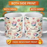 Personalized Custom Name Cute Snowman Snow Globe Poinsettia Flower Christmas Pattern Cream 11oz Ceramic Coffee Tea Mug White Large Handle