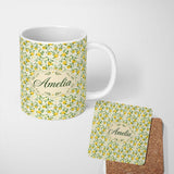 Personalized Custom Name Light Botanical Lemon Pattern with Slices and Blossoms on Cream 11oz Ceramic Coffee Tea Mug White Large Handle
