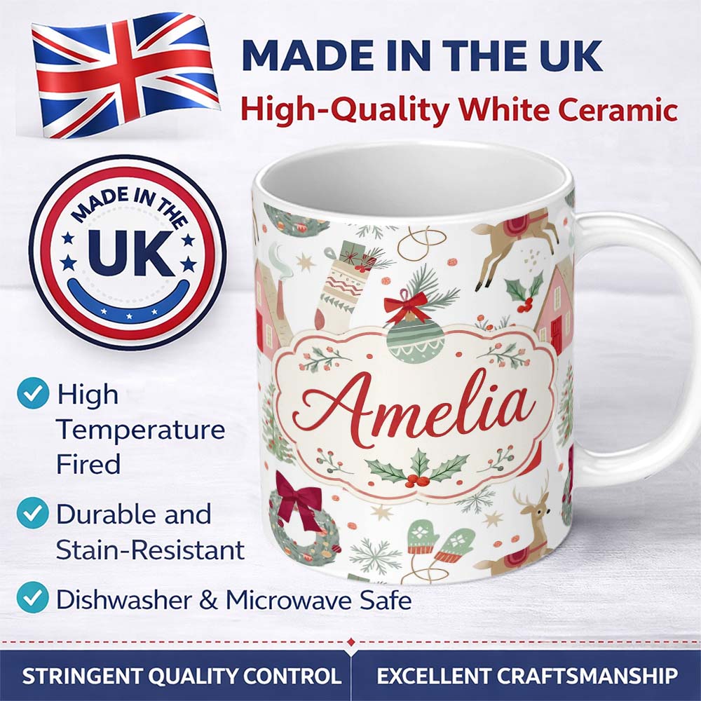 Personalized Custom Name Cozy Christmas Gifts Mug Stocking Holiday Seamless Pattern Lovely 11oz Ceramic Coffee Tea Mug White Large Handle