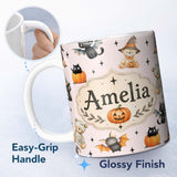 Personalized Custom Name Cute Halloween Teddy Bears Mummy Witch Cat Pumpkin Stars Pink Lovely 11oz Ceramic Coffee Tea Mug White Large Handle