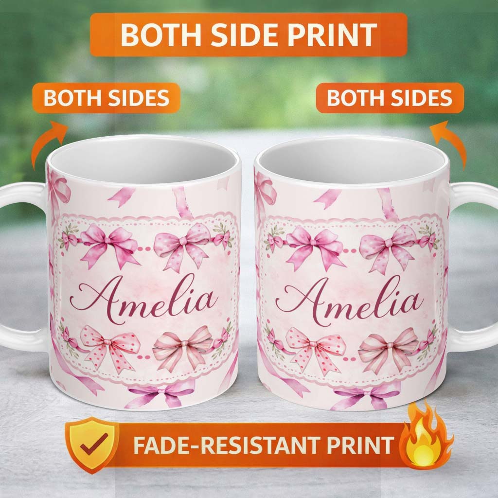Personalized Custom Name Watercolor Pink Ribbon Bows Beige Background Seamless Pattern Lovely 11oz Ceramic Coffee Tea Mug White Large Handle