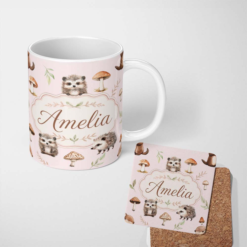 Personalized Custom Name Cute Hedgehog and Mushroom Seamless Pattern Woodland Nursery Design 11oz Ceramic Coffee Tea Mug White Large Handle