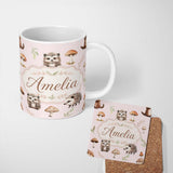 Personalized Custom Name Cute Hedgehog and Mushroom Seamless Pattern Woodland Nursery Design 11oz Ceramic Coffee Tea Mug White Large Handle