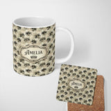 Personalized Custom Name Vintage Sepia Toned Venetian Masks with Artistic Texture Seamless 11oz Ceramic Coffee Tea Mug White Large Handle