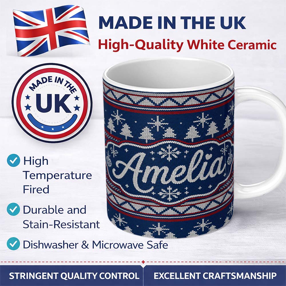 Personalized Custom Name Cute Blue Nordic Ornament Snowflake Winter Knitted Seamless Pattern 11oz Ceramic Coffee Tea Mug White Large Handle