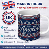 Personalized Custom Name Cute Blue Nordic Ornament Snowflake Winter Knitted Seamless Pattern 11oz Ceramic Coffee Tea Mug White Large Handle