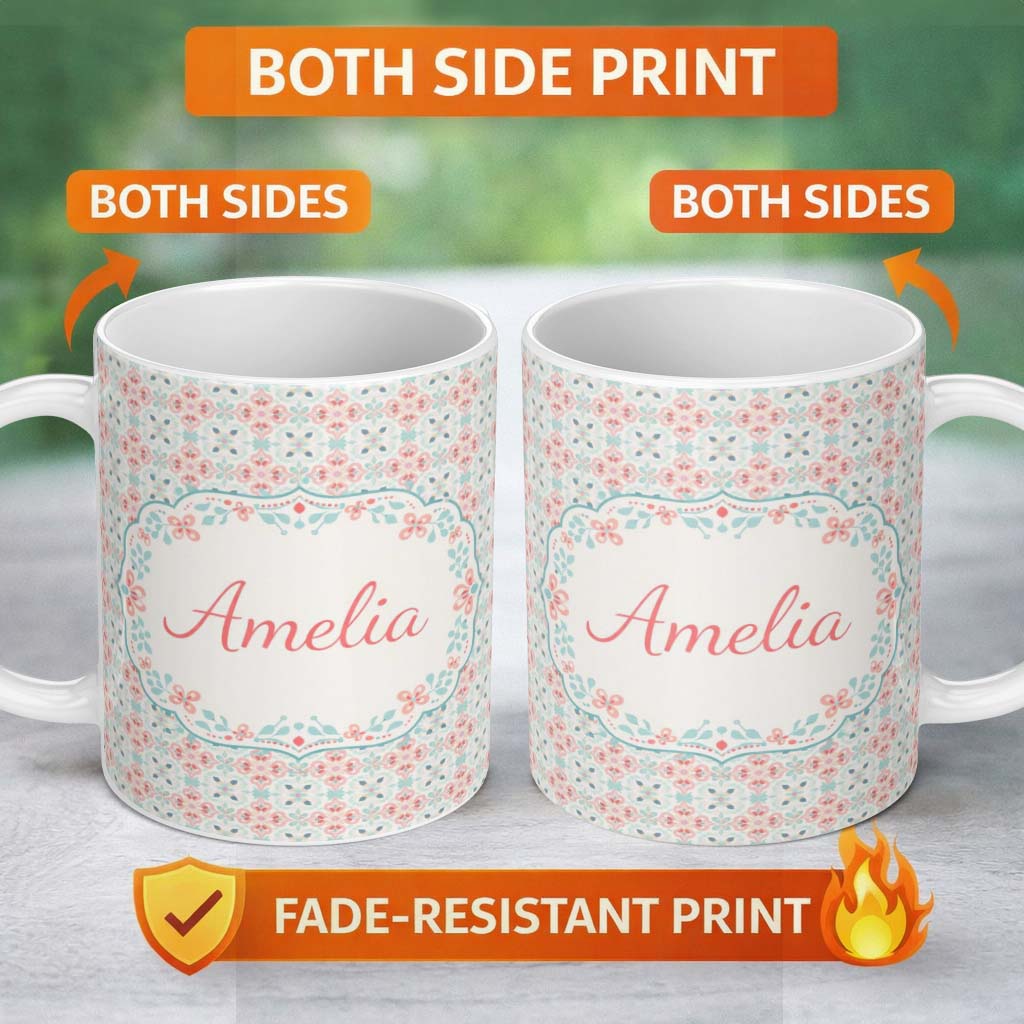 Personalized Custom Name Soft Pastel Decorative Tile Floral Motif Seamless Pattern Lovely 11oz Ceramic Coffee Tea Mug White Large Handle
