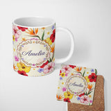 Personalized Custom Name Tropical Hibiscus and Bird of Paradise Floral Seamless Pattern 11oz Ceramic Coffee Tea Mug White Large Handle