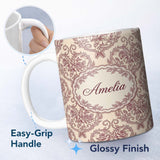 Personalized Custom Name Vintage Rose Heart Scroll Ornamental Seamless Pattern Design Lovely 11oz Ceramic Coffee Tea Mug White Large Handle