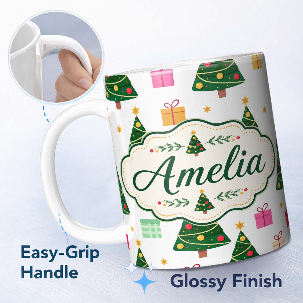 Personalized Custom Name Festive Christmas Trees Gifts Holiday Seamless Pattern Lovely 11oz Ceramic Coffee Tea Mug White Large Handle